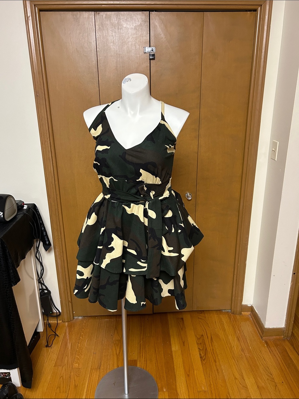 Camouflage Tiered Midi Dress with Self-Tie Waist - Green Camo